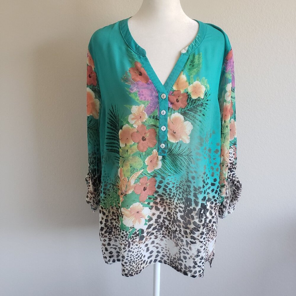 Soft Surroundings Blouse Popover Floral Animal Print Sheer Chiffon Size M Petite